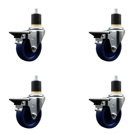 Service Caster 4'' Solid Poly Swivel 1-7/8'' Expanding Stem Caster Set with Brake, 4PK SCC-EX20S414-SPUS-PLB-178-4